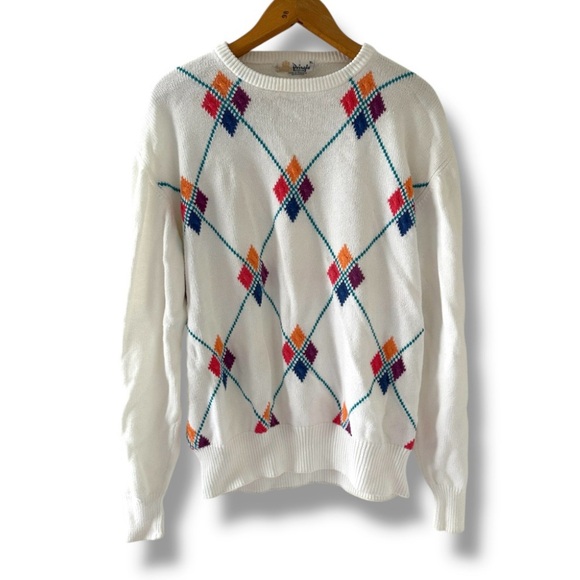 Vintage Pringle of Scotland White Argyle Crewneck Sweater Women’s Size XL Preppy - Picture 1 of 14